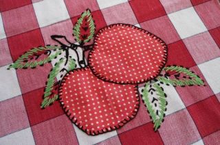 Vintage Tablecloth Topper Red & White Checkers Embroidered Fruit 37