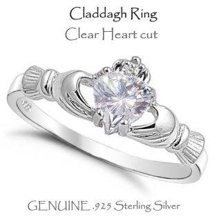 Clear Heart Claddagh Sterling Silver Ring   9mm   Sizes 3  10