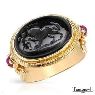   14K GOLD WITH RUBY & BLACK VENETIAN GLASS LION RING SZ US 7/T54/UK O