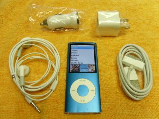 Blue iPod Nano 8GB 4th Generation Bundled New Ear Buds Wall & Car 