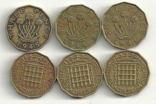   LOT 6 GREAT BRITAIN 3 PENCE COINS 1941,1944,1945,1954,1955,1956 jl951