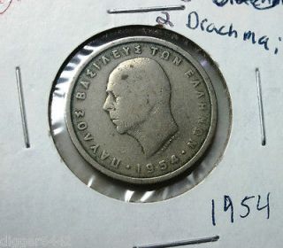 1954 GREECE 2 Drachmai Coin, apaxmai