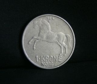 1964 Norway 1 Krone Copper Nickel World Coin KM409 Horse Animal Olav V 