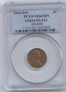 1944 D/S OMM # 1 LINCOLN WHEAT CENT PCGS MS 63 FS 511,FS 020