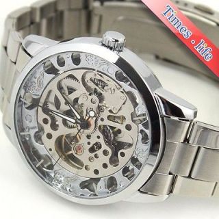   Silver Stainless/s Automatic See Through Wrist Watch Skeleton Gents