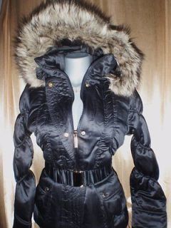 BABY PHAT~Women Plus Size 1X $120 Black Belted Hoody Fur Coat Puffer 