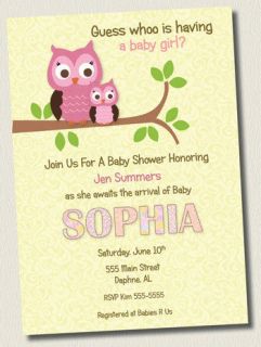 DAMASK PINK OWL GIRL BABY SHOWER INVITATIONS BIRTHDAY PARTY INVITE 