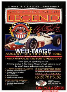 92 A J FOYT INDY 500 AUTO RACING COLLECTION RACE CAR AUCTION POSTER 