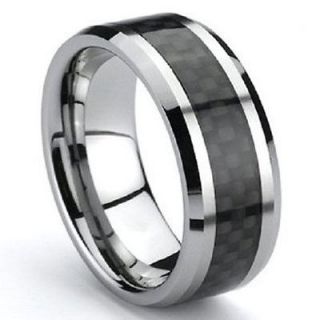 Tungsten Carbide Mens Black Carbon Fiber Stripe Wedding Band Ring 