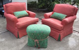     Pair of 2 Pristine Arm Chairs and Ottoman w/ PIERRE DEUX Fabric