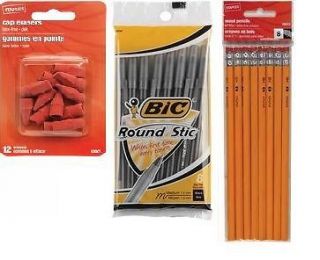 School Supplies Wood Pencils, Cap Erasers, Black Ballpoint Pens