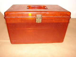 Retro Amber Colored Plastic Sewing Basket w Lift Out Tray for Thread