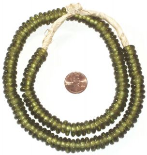   AFRICAN RECYCLED GHANA GREEN DISK GLASS TRADE BEADS,SZ10mm, 22