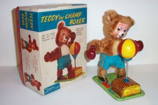   TEDDY THE BOXING BEAR BATTERY OPERATED TIN LITHO TOY CRAGSTAN JAPAN