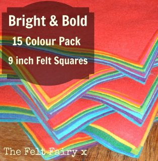 Wool Mix 9 inch Felt Square 15 x Big Bright Colour Pack