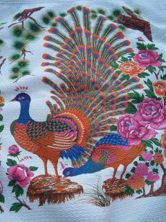 VINTAGE QUILTED POLYESTER PEACOCK BEDSPREAD 78 x 68