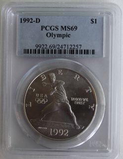 1992 D Graded MS69 PCGS Olympic Baseball BU Silver Dollar US 