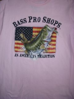 Bass Pro Shops An American Tradition Pink T shirt USA Flag with fish 
