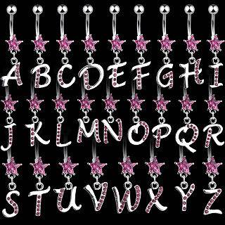   Steel Star Pink CZ Belly Navel Ring CZ Initial Letter Dangle C170