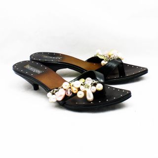 Ladies Black beaded toe post low heel flip flop wedding sandals NEW