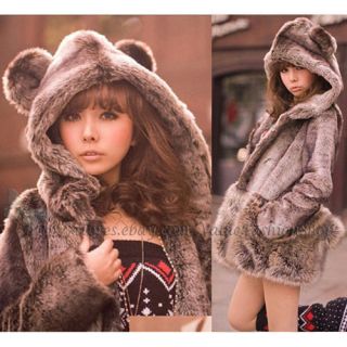 Japan Fashion Womens Cute Bear Ear Hooded Faux Fur Winter Long Coats 