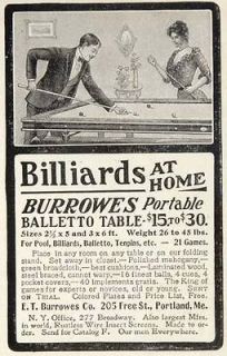 1902 Ad Burrowes Billiards Balletto Pool Table Portland   ORIGINAL 