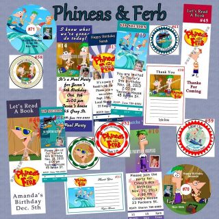 Phineas & Ferb Birthday Invite Thank U Cards Candy Wrap Sticker 