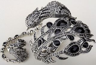 Black gray crystal slave peacock bracelet ring set 2;buy 10 items free 