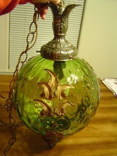   Regency GREEN Swag HANGING Light LAMP Glass CHANDELIER Mid CENTURY