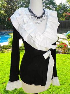 NEW XS $98 Boston Proper Black White Rose Rosette Sweater Ruffle 