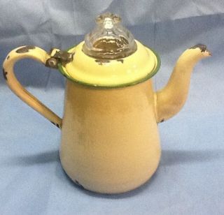 Green and Cream Enamel Tea Pot Antique Glass Percolator Dome