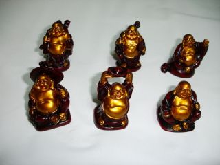Set of 6 Feng Shui Laughing Buddha Statue LUCK RED/GOLD
