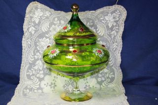 Vintage Large Bohemian Czech Jeweled Lidded Compote Candy Dish Hand 