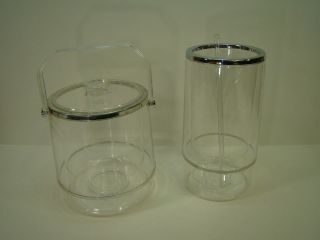   LUCITE ICE BUCKET AND WINE COOLER DRINK MIXER MID CENTURY SILVER BAND