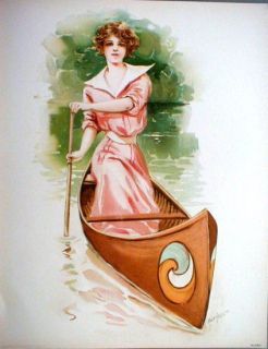 1908 Lithograph Canoeing Womens Exercise Oar Water Row