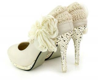   Ankle Knot Platform Lace Flowers High Heels Bridal Wedding Shoes