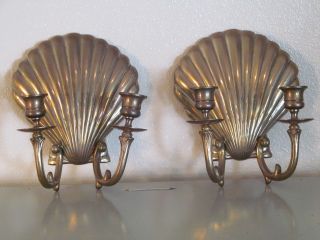 Brass Scallop Seashell Wall Candle Holders / Hanging Sconces    Set 