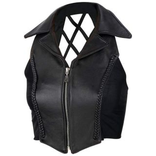   Solid Genuine Black Leather Biker Vest Braided Trim Cross Hatch Back