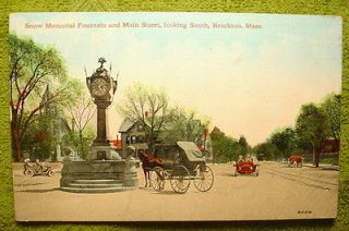 262a 1913 Postcard Snow Memorial Fountain & Main St Brockton Ma
