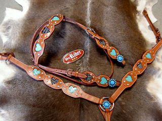 HORSE BRIDLE WESTERN LEATHER HEADSTALL BREASTCOLLAR TACK TURQUOISE 