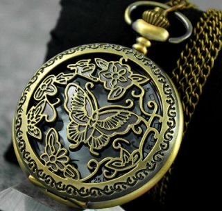   Bronze Butterfly Carvings Steampunk Pocket Watch Necklace Jewelry