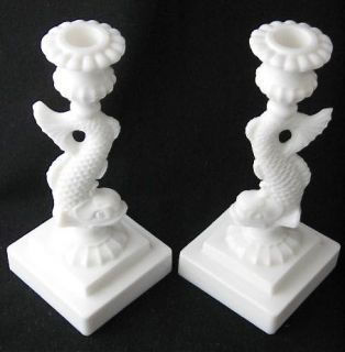 Signed Imperial milk glass DOLPHIN candlesticks, pair