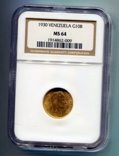 1930 Venezuela 10 Bolivares Gold Coin, NGC MS64     