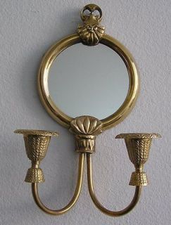 Vintage Brass Round Mirrored Double Candle Holder Wall Sconce