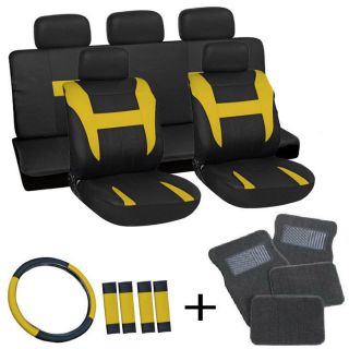 20pc Set Yellow Black Car Seat Covers Wheel+Belt Pads+Head Rests+ gray 
