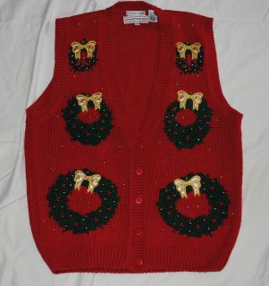   Hand Knitted CHRISTMAS SWEATER VEST Christmas Wreath Pattern Sz M