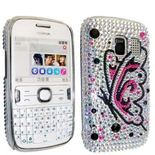 BUTTERFLY ON SILVER DIAMOND BLING HARD GEM CASE COVER FOR NOKIA ASHA 