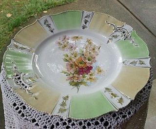   Reticulated Cake Plate, Green/Yellow Border & Pink Flowers,Unmarked