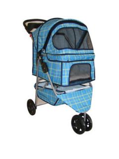Blue Grid 3 Wheels Pet Dog Cat Stroller w/RainCover