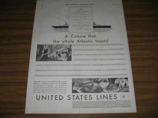 1930 Vintage Ad United States Lines Menu for the Cuisine on Board